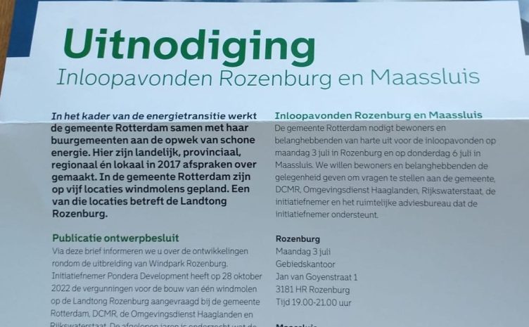 Inloopavond met meer informatie over windturbine Landtong Rozenburg